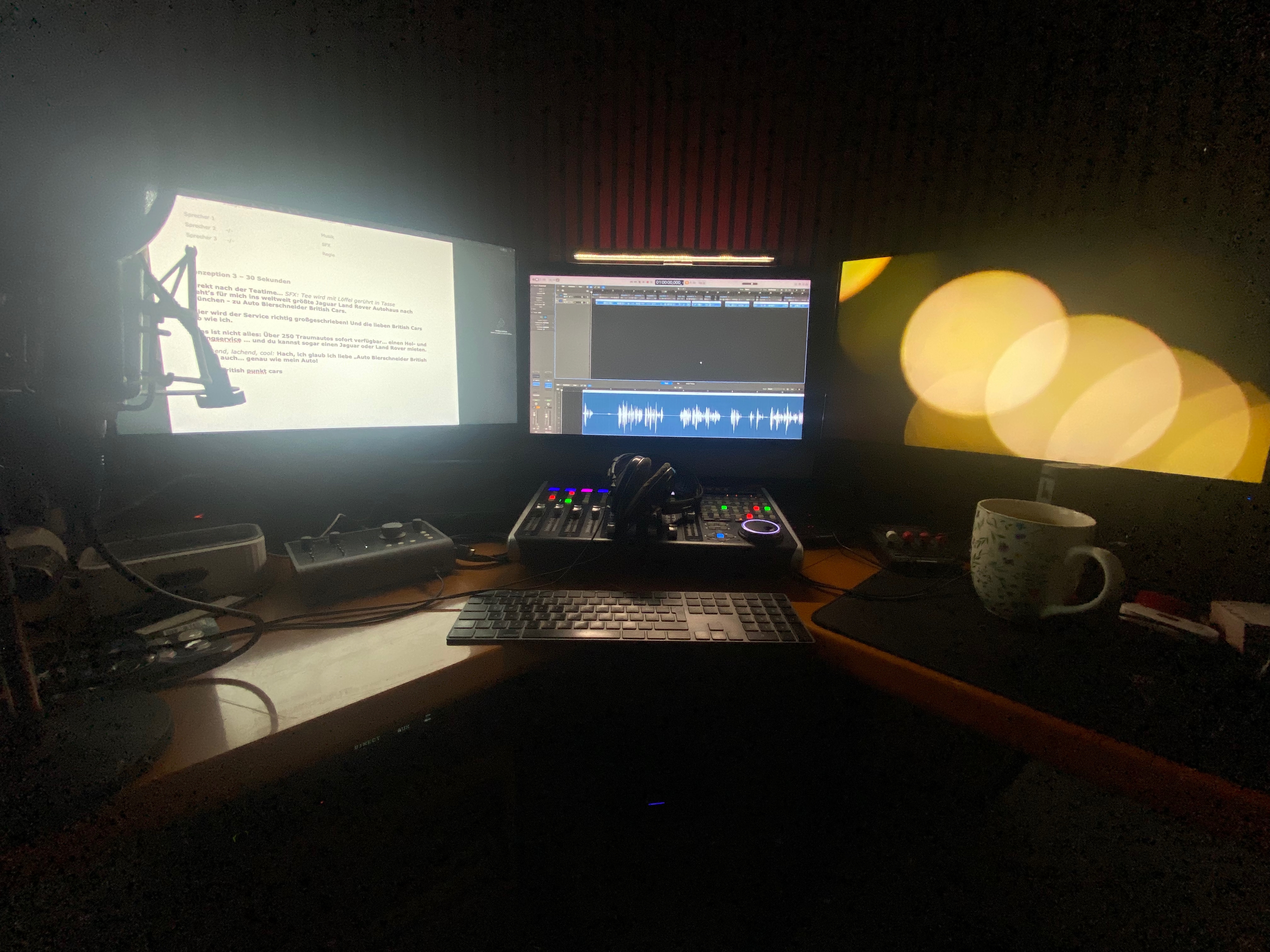 Warm ausgeleuchtete Regieansicht des Voice-Over-Studios mit Skript-Monitor, Videowand und Aufnahme-Setup.