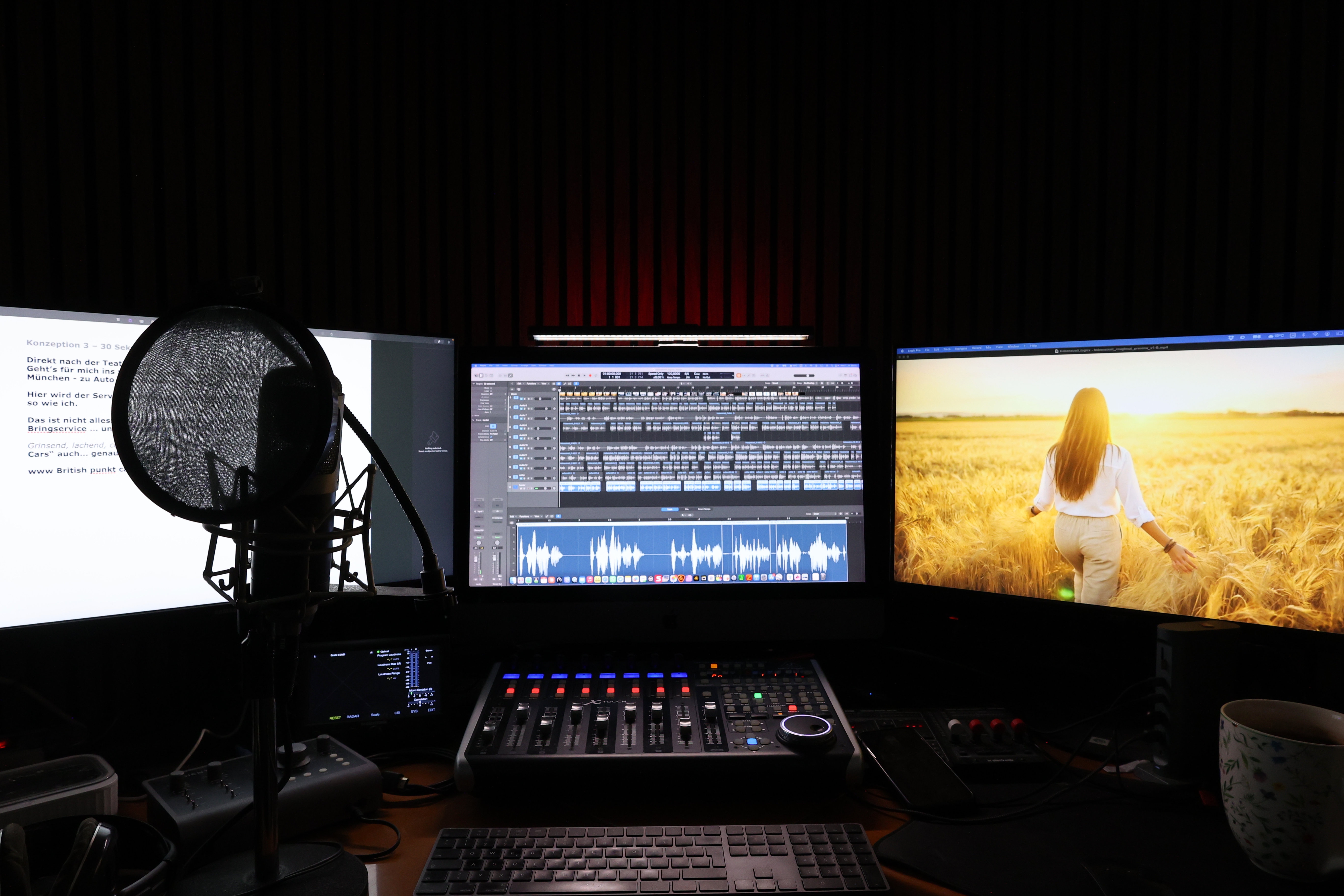 Aufnahmestudio von John Tunkin — drei Monitore mit Skript, Logic Pro und Videobild, Großmembran-Mikrofon, Behringer X-Touch Mischpult.